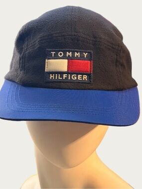 VTG 90's Tommy Hilfiger Logo Flag Fleece Black Blue Strapback Panel Cap Hat
